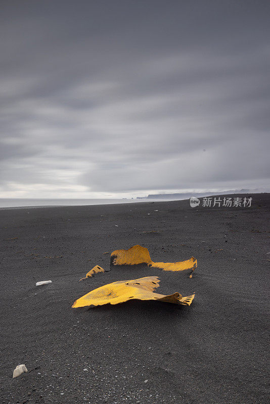 rusty wreck on the black sand beach near Hjörleifshöfði, a volcanic mountain in southern Iceland